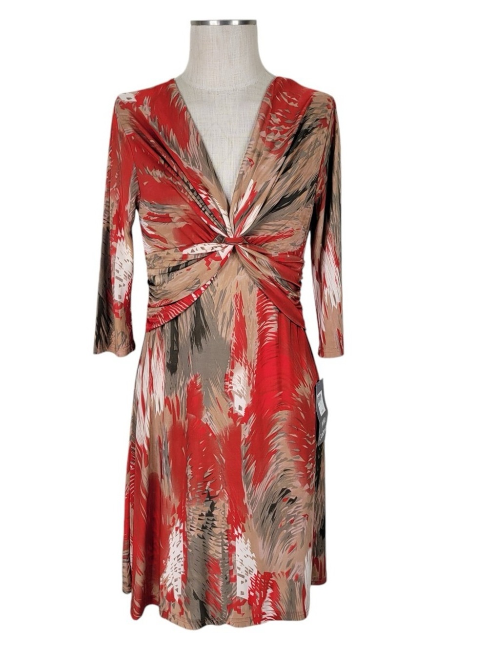 Mlle Gabrielle Red and Tan Knot-Front Long Sleeve Dress